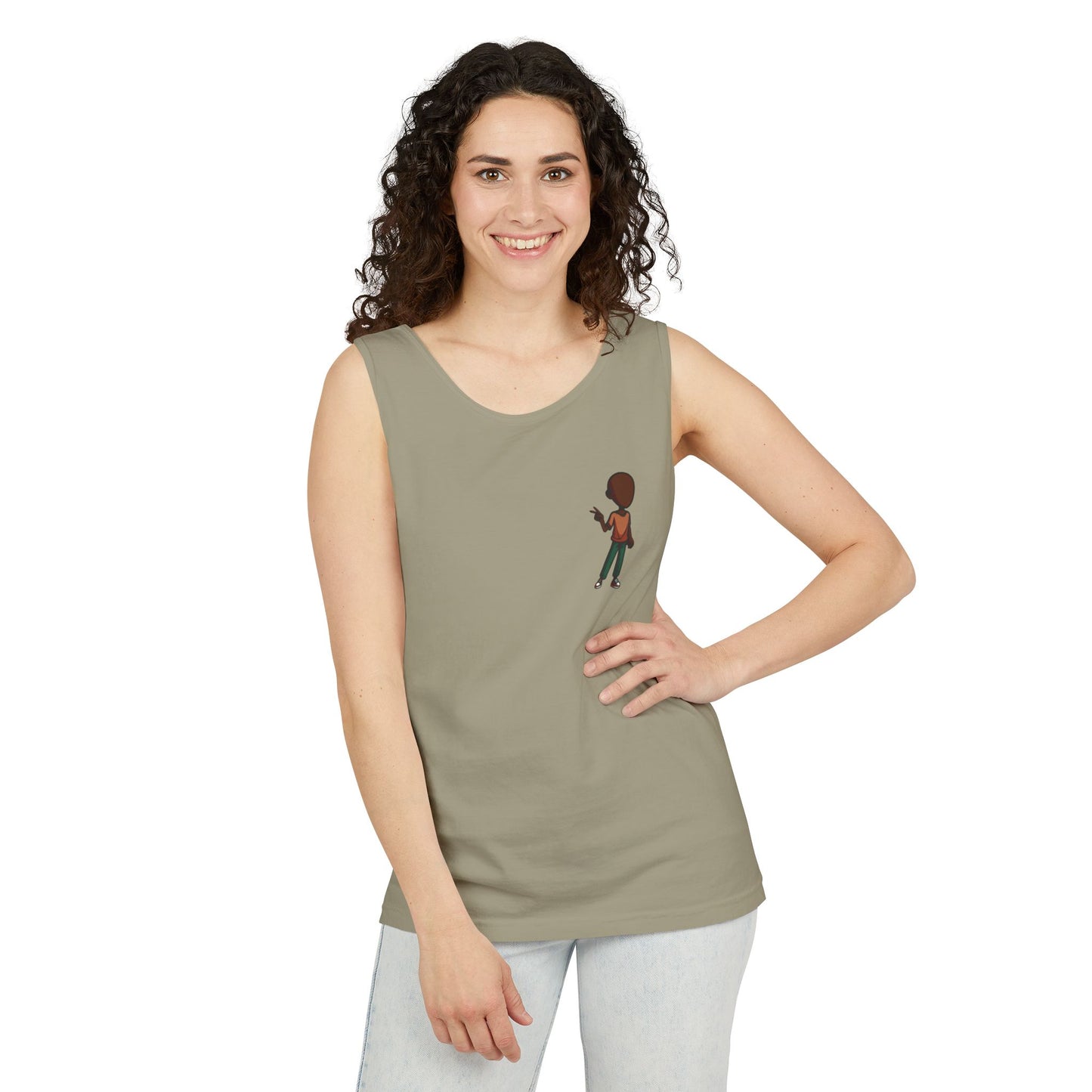 Minimalist Coffee Lover Tank — Small Cartoon Person Holding Mug Graphic Tank Top