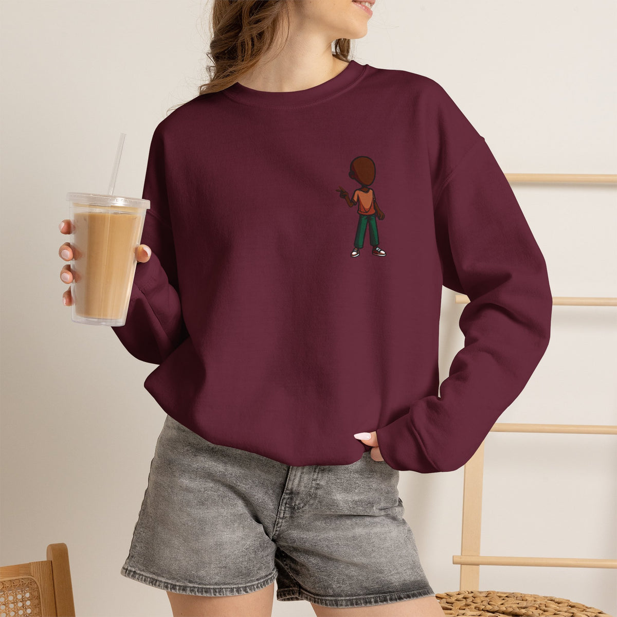 Crewneck Sweatshirt with Cartoon Guitarist & 'Rock On' Sleeve Graphic