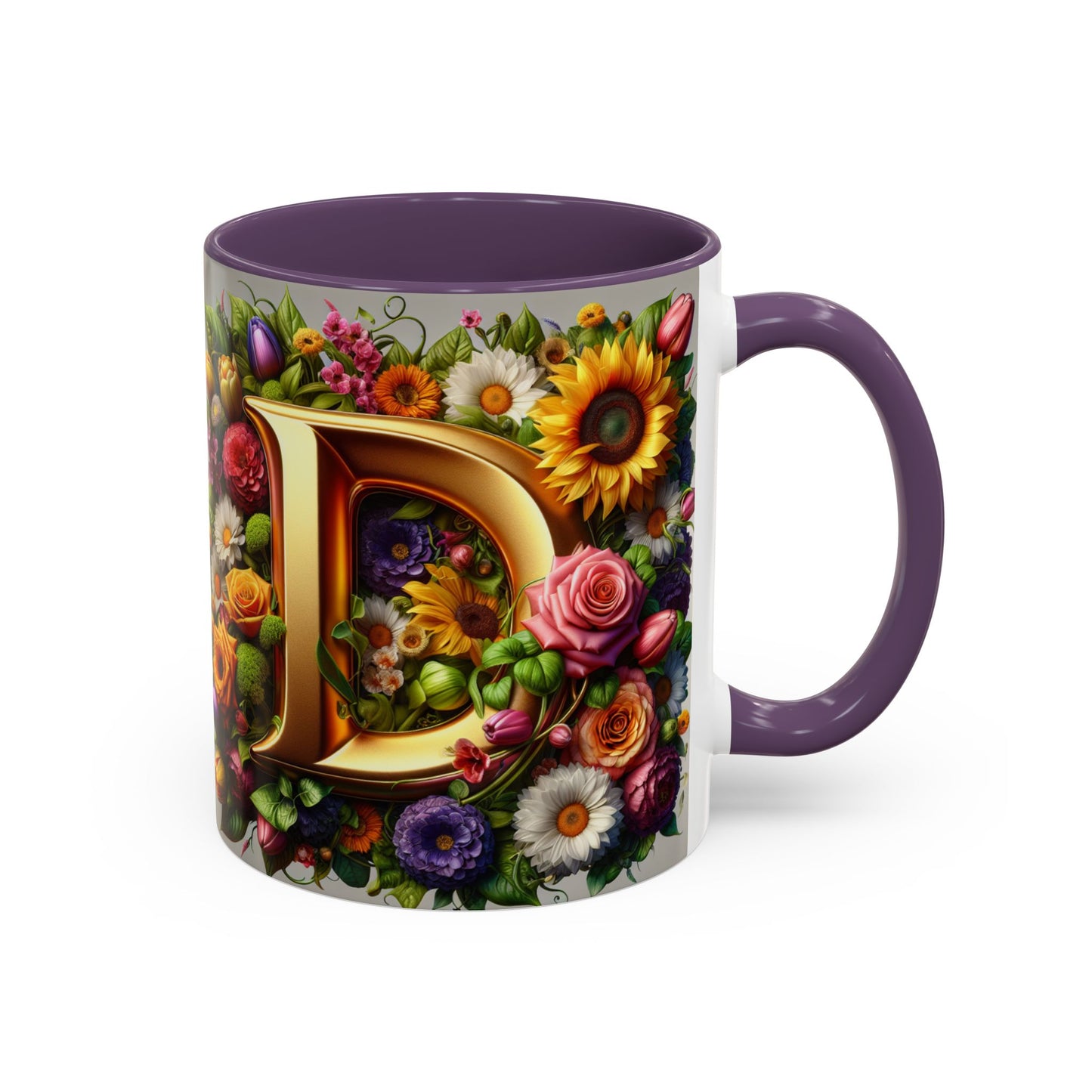 Floral Letter D Accent Coffee Mug - Colorful Personalized Drinkware for Nature Lovers