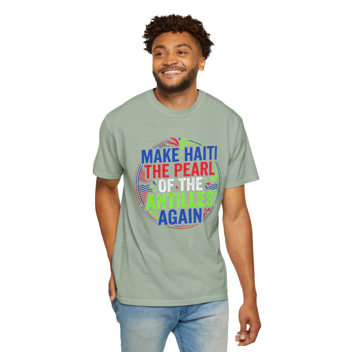 Make Haiti the Pearl — T‑Shirt (Antilles Pride, Colorful Retro Globe Design)