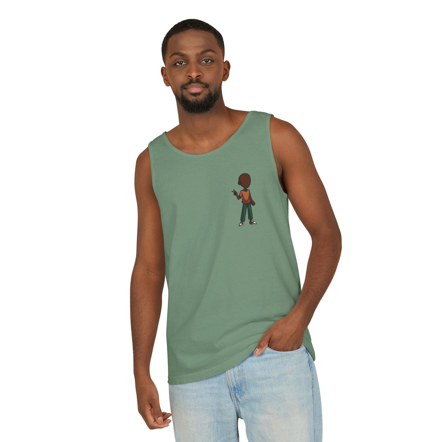 Minimalist Coffee Lover Tank — Small Cartoon Person Holding Mug Graphic Tank Top
